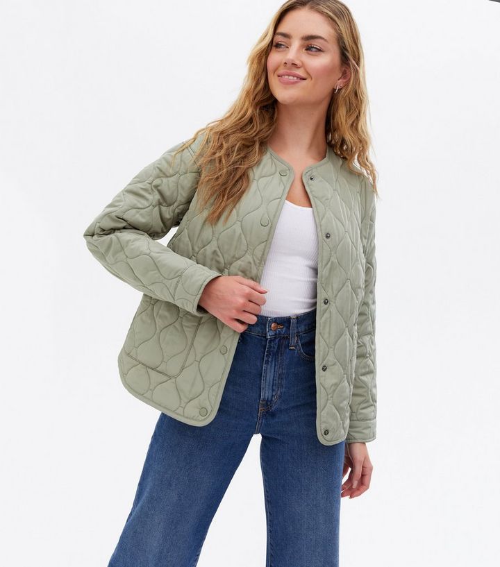 Khaki Quilted Collarless Jacket
						
						Add to Saved Items
						Remove from Saved Items | New Look (UK)