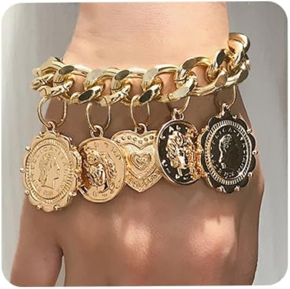 Aimimier Punk Coin Tassel Bracelet Chunky Cuban Link Chain Cuff Wrap Bangle Prom Party Festival S... | Amazon (US)