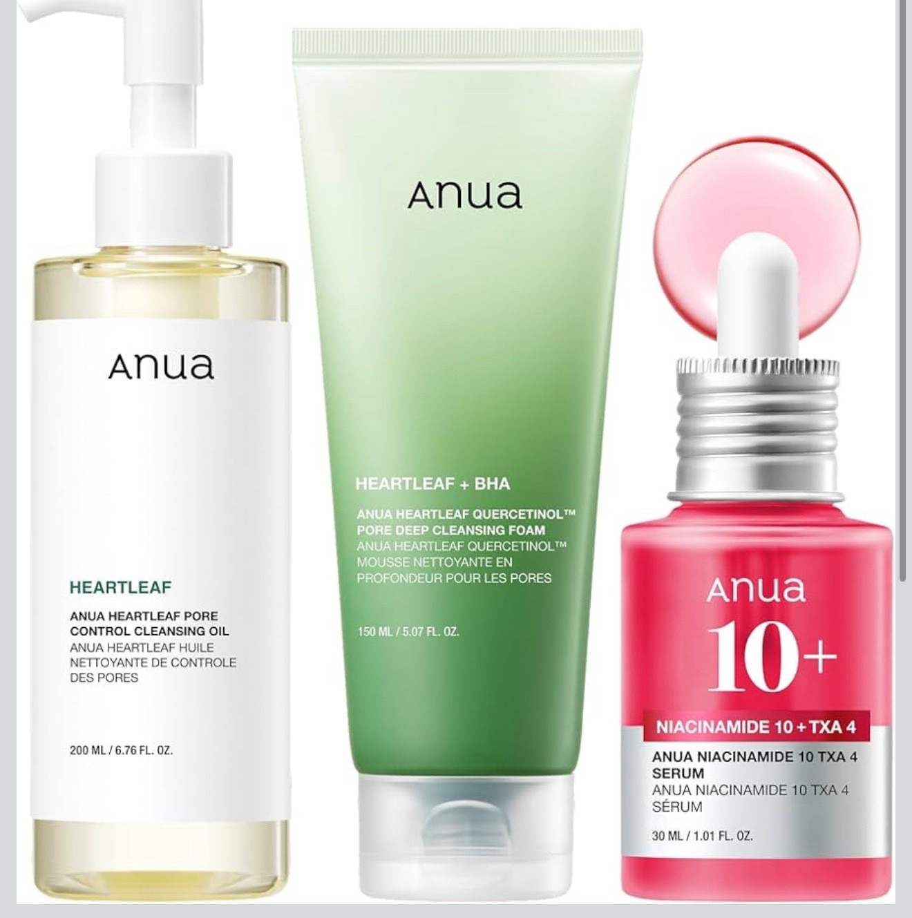 Anua 3-Step Glass Skin Beginner Set, Double Cleansing with Facial Serum, Oil Cleanser & Face Wash with Heartleaf, Daily Routine with Niacinamide, Korean Skincare Set