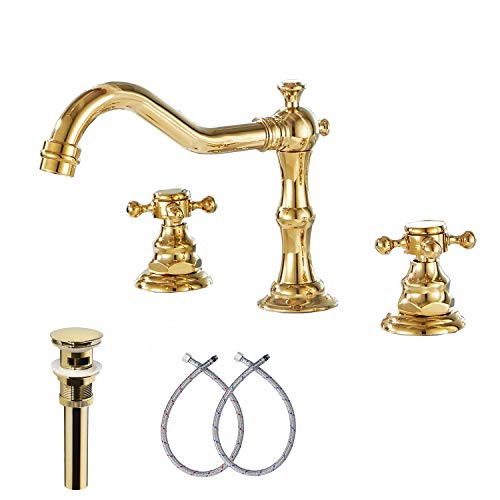 GGStudy 8-16 inch 2 Handles 3 Holes Widespread Bathroom Sink Faucet Gold Basin Mixer Tap Faucet | Amazon (US)
