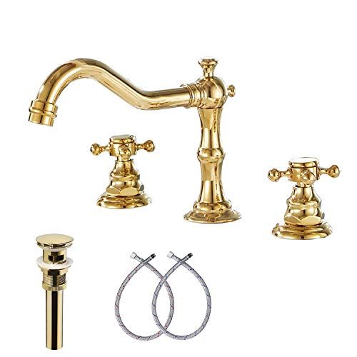 GGStudy 8-16 inch 2 Handles 3 Holes Widespread Bathroom Sink Faucet Gold Basin Mixer Tap Faucet | Amazon (US)