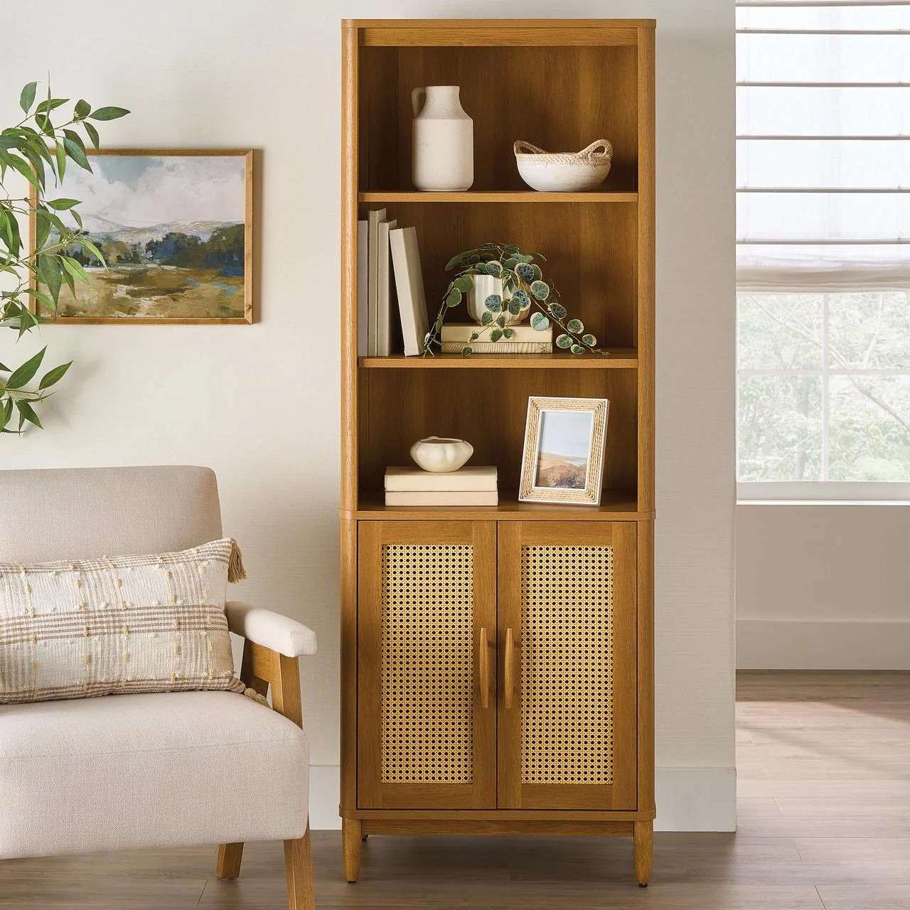 Better Homes & Gardens Springwood Bookcase with Doors, Light Honey Finish | Walmart (US)