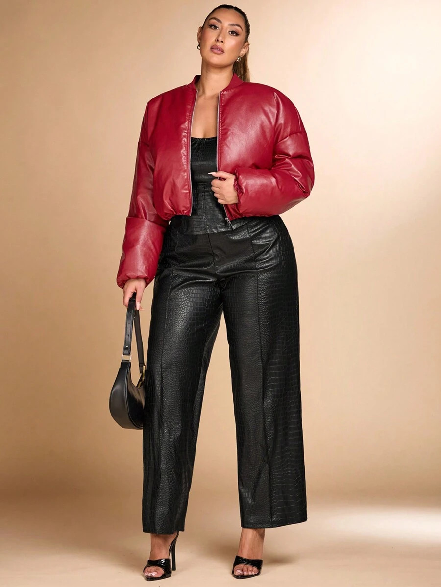 SHEIN BAE Plus Size Fall 1pc Elegant Street Motorcycle Women Burgundy Pu Leather Zipper Cardigan ... | SHEIN