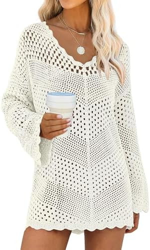 ANRABESS Swimsuit Cover Up for Women Crochet Bathing Suit Summer Swimwear V Neck Mesh Knit Dress ... | Amazon (US)