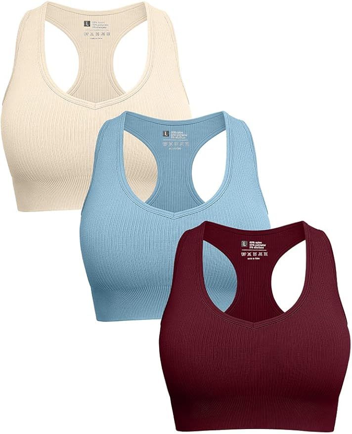 LNSK Women's 3 Piece Workout Seamless Crop Top Cute Ribbed Deep V Neck Removable Cups Sport Bra | Amazon (US)