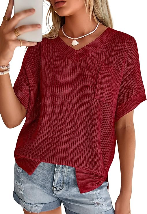 PRETTYGARDEN Womens Summer Sweaters, Short Sleeve V Neck Loose Fit Knit Top with Pocket, Versatil... | Amazon (US)