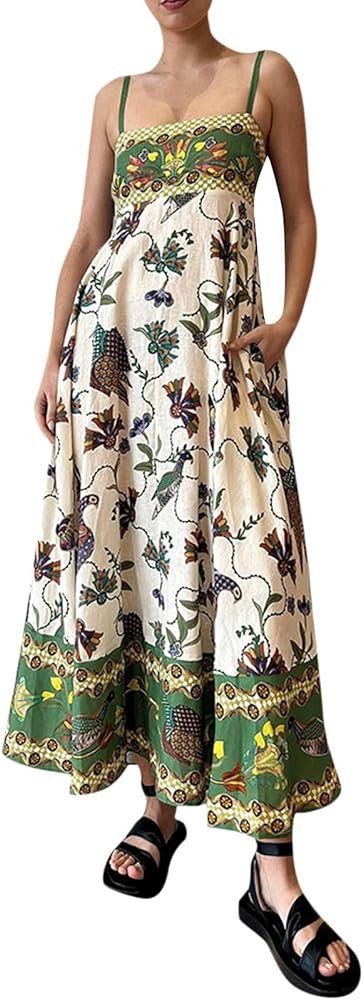 Women Dresses 2025 Cute Print Maxi Cami Dresses Sleeveless Casual Spaghetti Strap Graffiti Dress ... | Amazon (US)