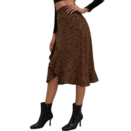 Womens Ruffle Hem Skirts Casual High Waist Midi Coffee Brown L | Walmart (US)