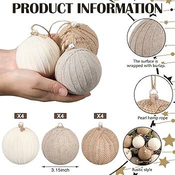 Syhood 12 Pcs Large Burlap Christmas Ornaments 3.15 Inch Neutral Farmhouse Rustic Christmas Tree ... | Amazon (US)