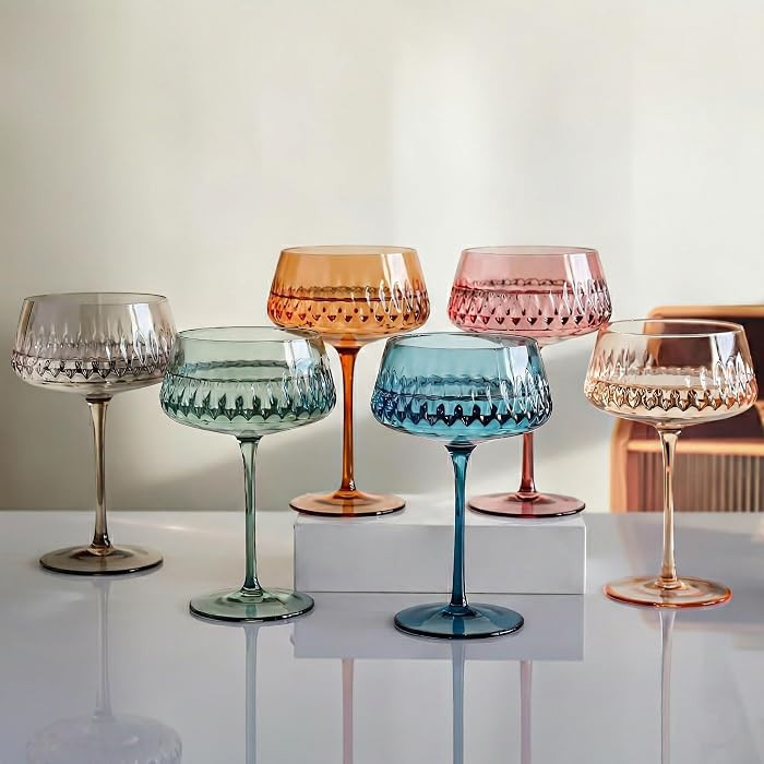 Colored Martini Set of 6, Hand Blown Colorful Cocktail Glasses 14Oz, Vintage Champagne Coupe, Lar... | Amazon (US)