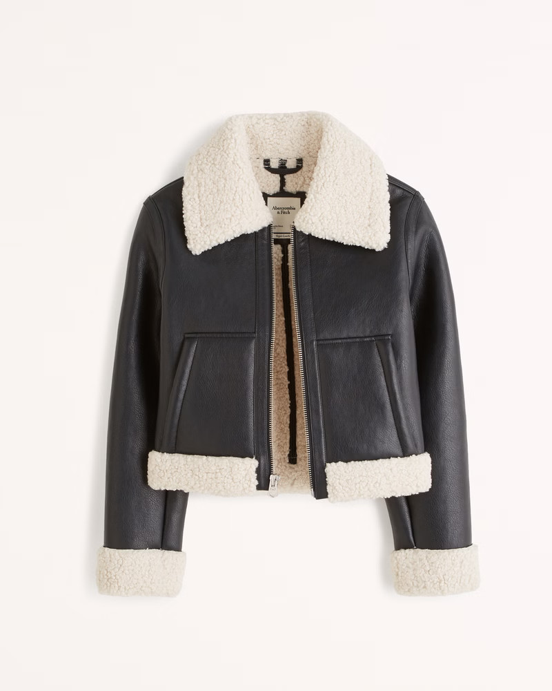 Women's Sherpa-Lined Vegan Leather Shearling Jacket | Women's New Arrivals | Abercrombie.com | Abercrombie & Fitch (US)