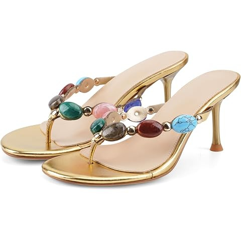 Coutgo Womens Jeweled Heeled Sandals Kitten Heel Starppy Flip Flop Backless Open Toe Slides Boho ... | Amazon (US)