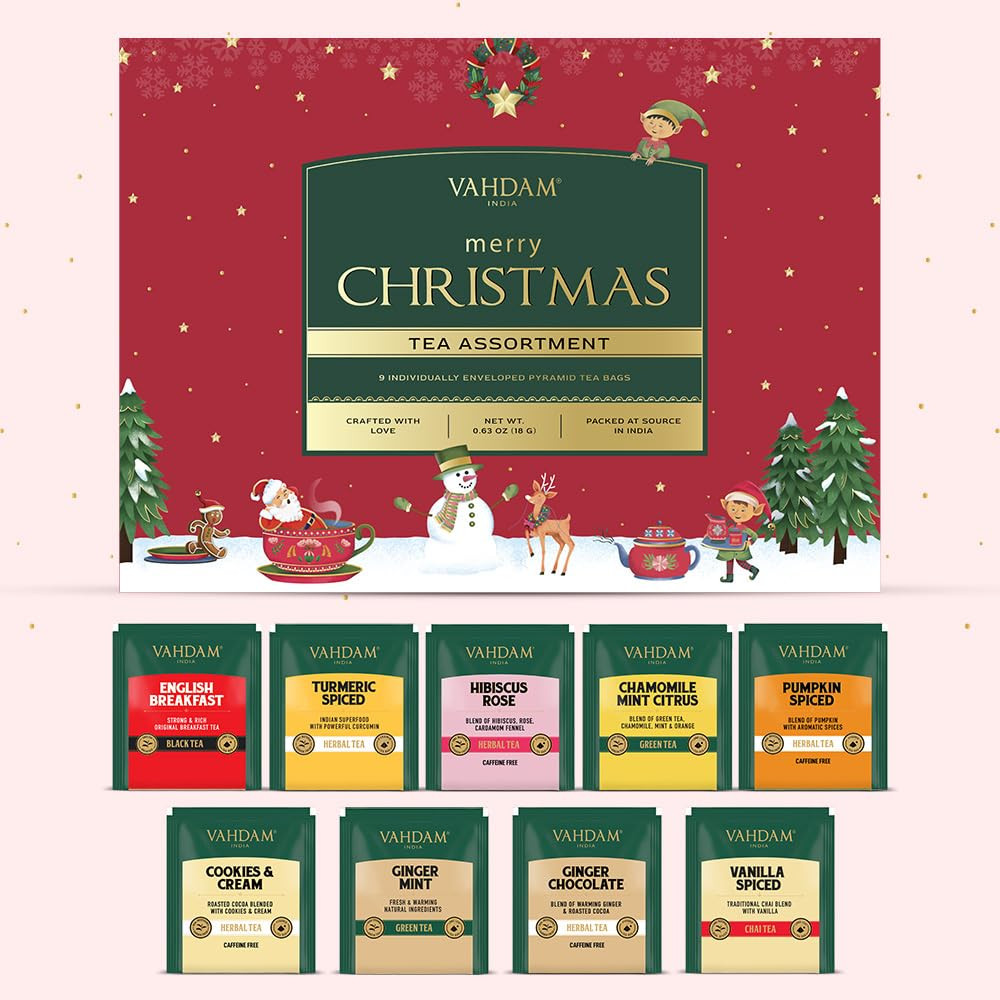 VAHDAM, Merry Christmas Tea Gift Sets (9 Assorted Tea Bags) Limited Edition - Gluten Free, Non GM... | Amazon (US)