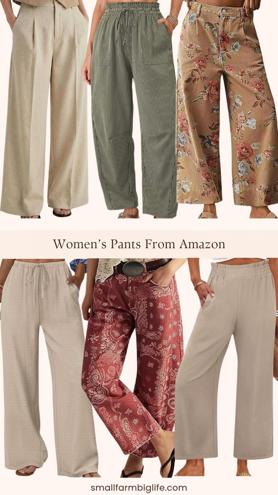 Women's pants from Amazon and this round up is full of the most fun and stylish spring and summer options right now 🌿✨ A green striped barrel casual high waisted drawstring pant, a rose red floral print boyfriend baggy barrel wide leg denim ankle pant, beige wide leg pants, a beige linen blend wide leg palazzo pant, khaki floral mid rise cropped wide leg baggy floral denim capri boho palazzo jean, and a beige wide leg palazzo pant. So many different silhouettes and prints in this round up from classic neutrals to fun florals and stripes and every single one is so comfortable and easy to style for spring and summer. Whether you love a classic linen wide leg, a fun barrel pant, or a boho floral denim these Amazon finds are so well priced and so on trend right now. Everything is linked! 🛒 

 #LTKgrwm #LTKootd #LTKOver40