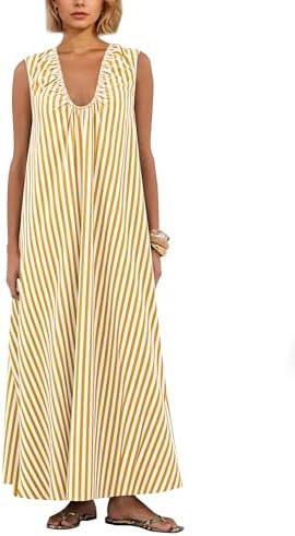 Women Flowy Maxi Dress Ruched Sleeveless Long Dress Vacation Fashion Summer Casual Loose Fit Sund... | Amazon (US)