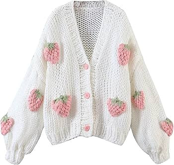 SUYGGCK Sweater Cute Strawberry Women Cardigan Sweater Winter Loose Fashion V Neck Hand 3D Knitti... | Amazon (UK)