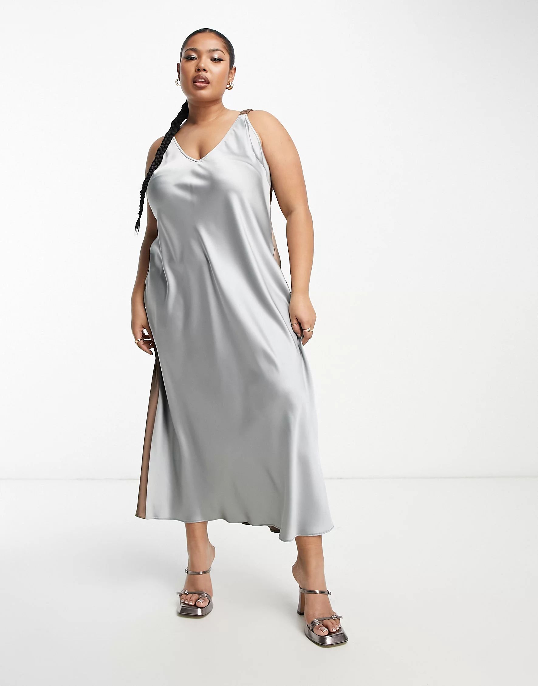 ASOS DESIGN Curve elasticated back satin slip midi dress in grey and mocha colourblock | ASOS (Global)
