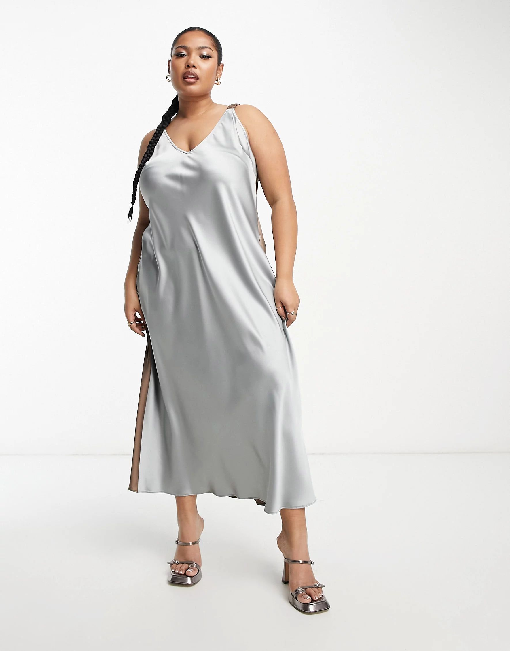 ASOS DESIGN Curve elasticated back satin slip midi dress in grey and mocha colourblock | ASOS (Global)