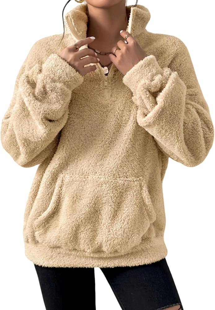 Wyeysyt Sherpa Sweatshirt for Women Fuzzy Fleece Sweatshirts Quarter Zip Up Pullover Soft Long Sl... | Amazon (US)