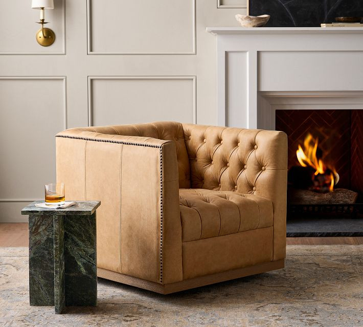 Edgewood Leather Swivel Armchair, Polyester Wrapped Cushions, Legacy Dark Caramel | Pottery Barn (US)