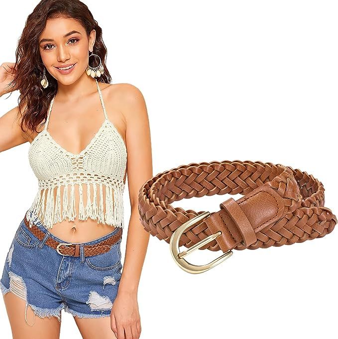 WHIPPY Women's Braided Belt Skinny Casual PU Leather Woven Belt for Jeans Pants | Amazon (US)