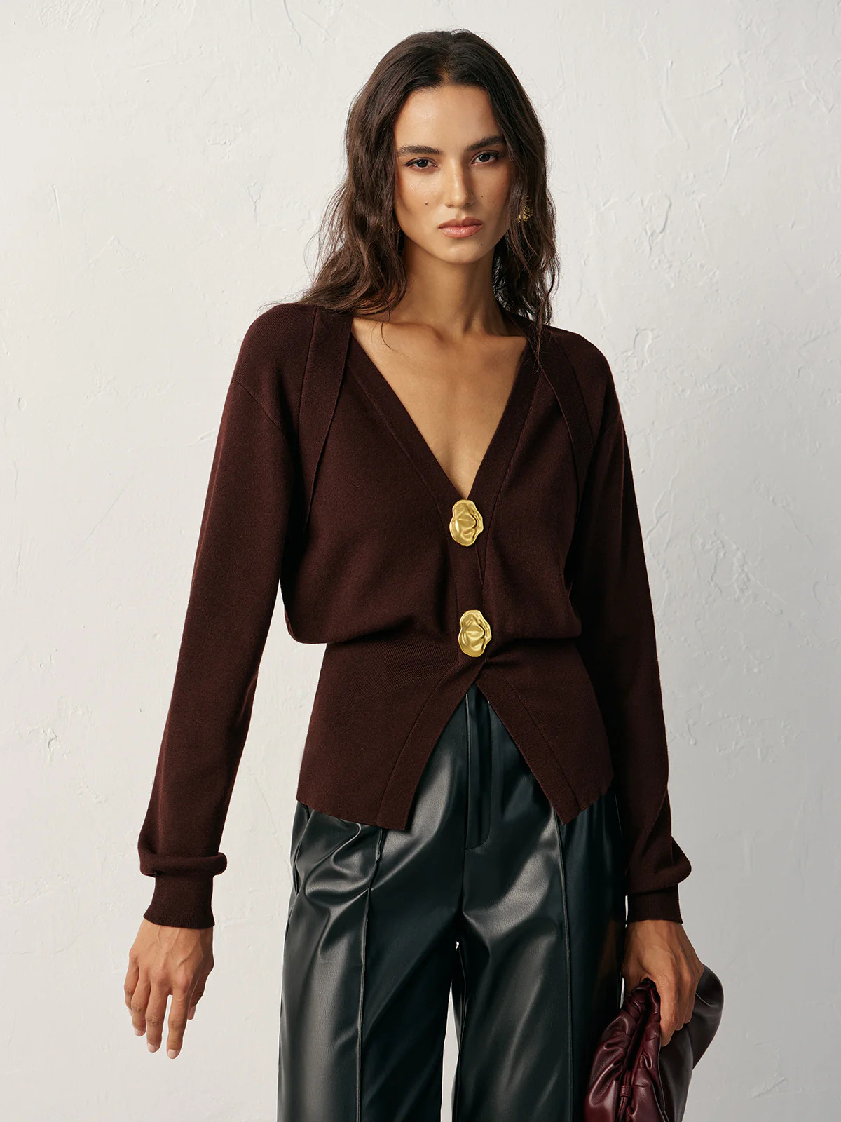 Metal Button V-Neck Knit Cardigan | Commense