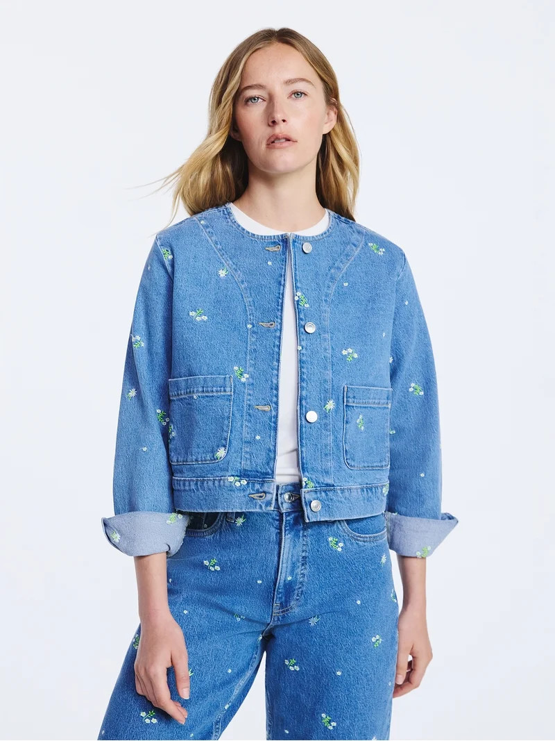 Free Assembly Women's Embroidered Cropped Denim Jacket, Sizes XS-XXL | Walmart (US)
