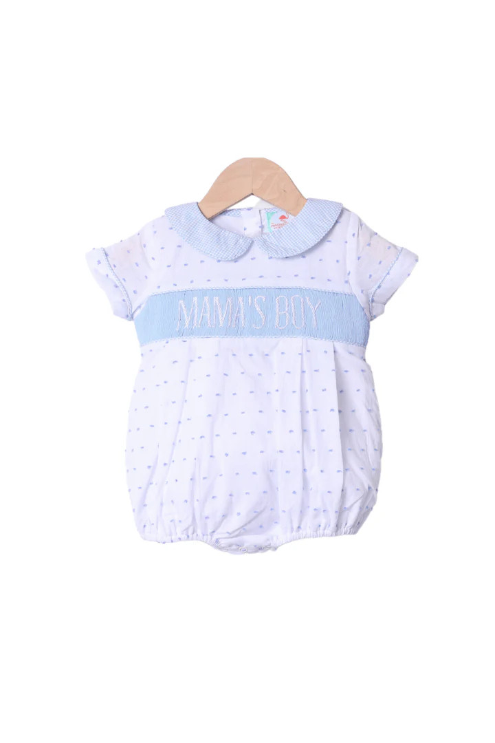 Smocked Mama's Boy White and Blue Swiss Dot Bubble | The Smocked Flamingo