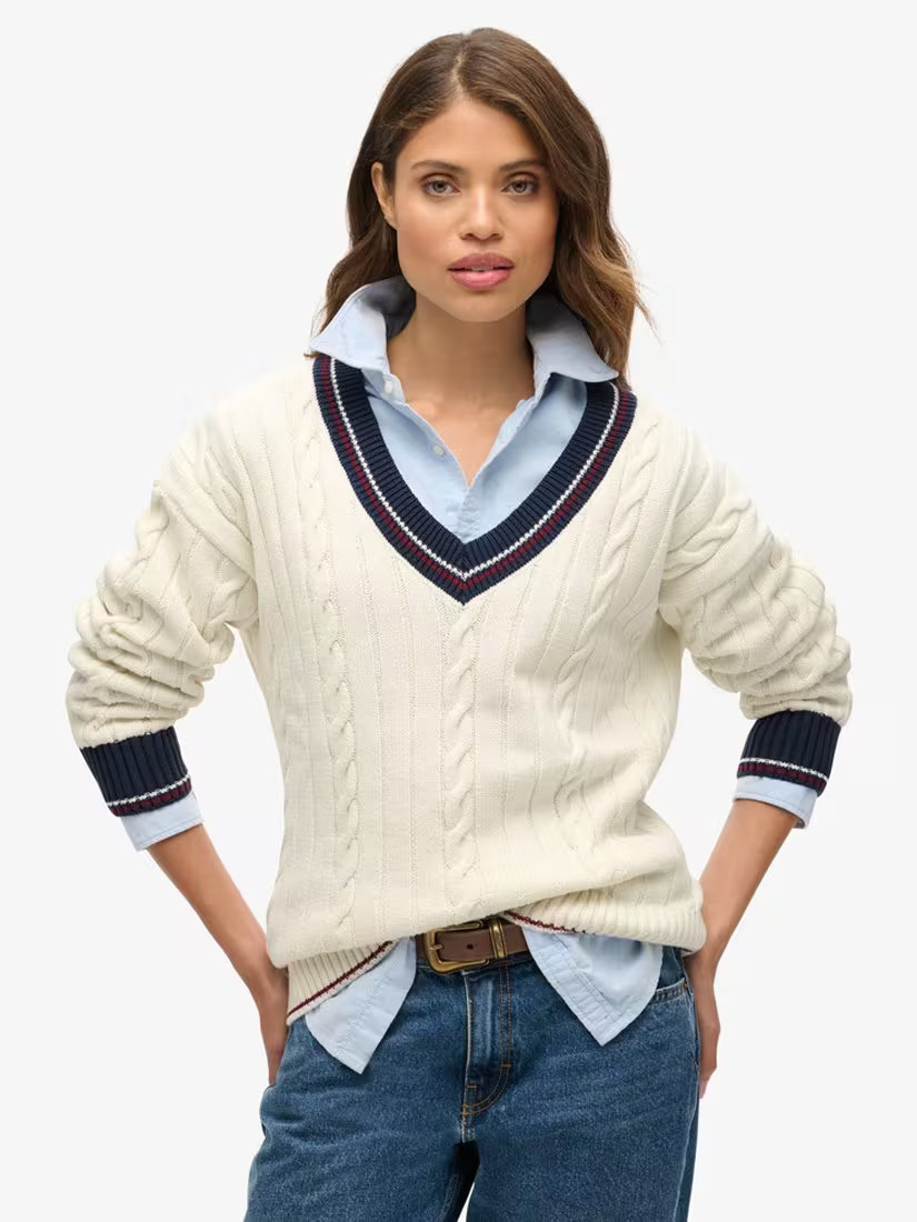 SuperdryOversized V-Neck Cricket Jumper, Ecru/Multi | John Lewis (UK)