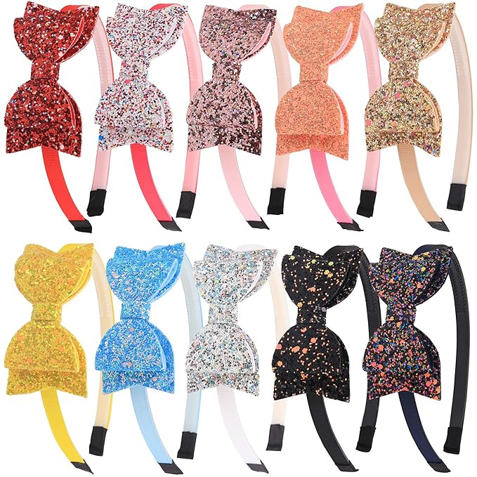 XIMA 10pcs Glitter Sequin Bow Hairband Shiny Bow Knot Teeth Plastic Headbands for Kids Hair Acces... | Amazon (US)