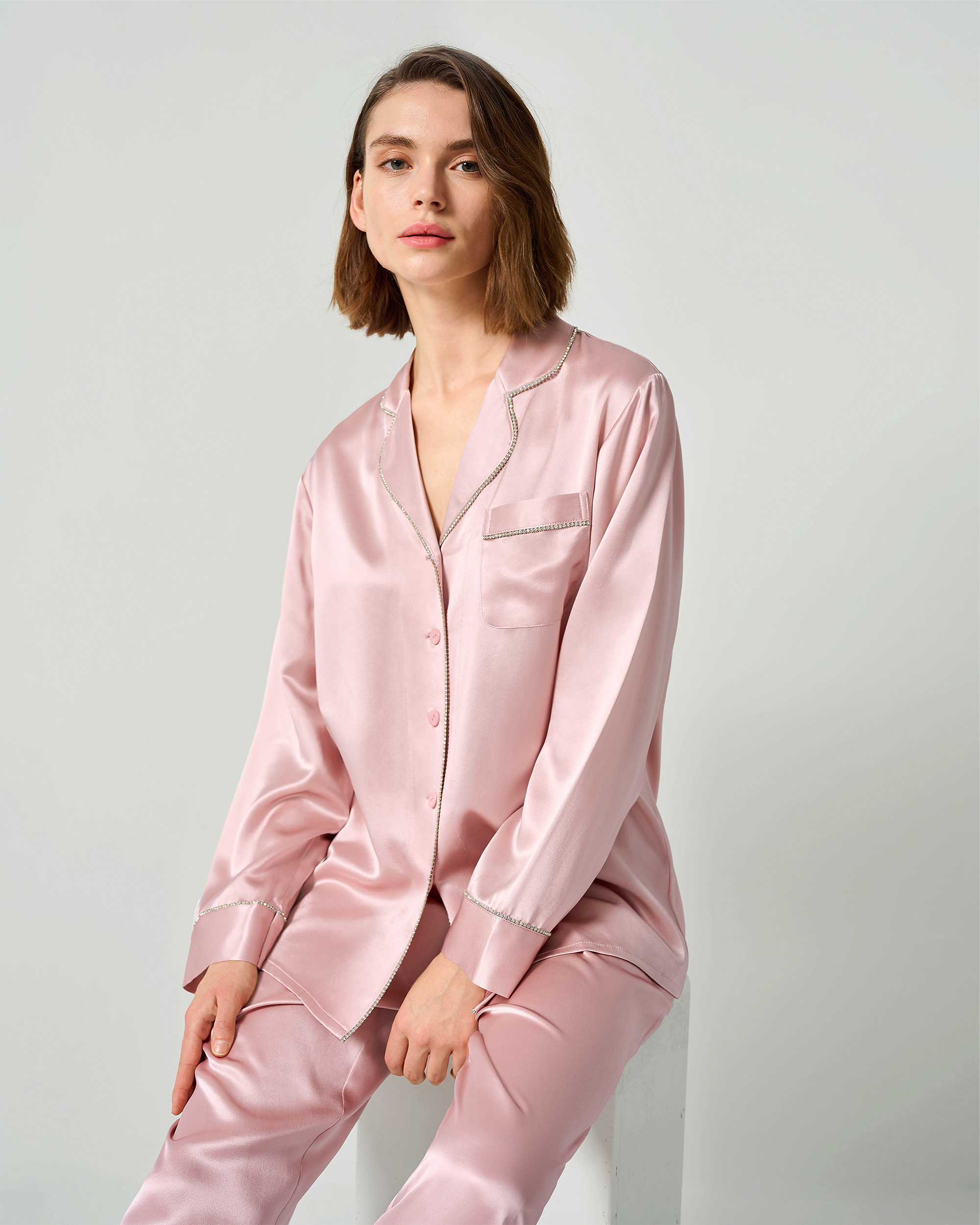 Rhinestone Trimmed Silk Women Pajamas Set | LilySilk