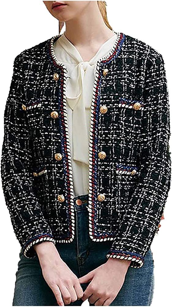 Women's Elegant Slim Fit Double Breasted Jacket Tweed Inlaid Plaid Check Long Sleeved Coat Blazer Vi | Amazon (US)