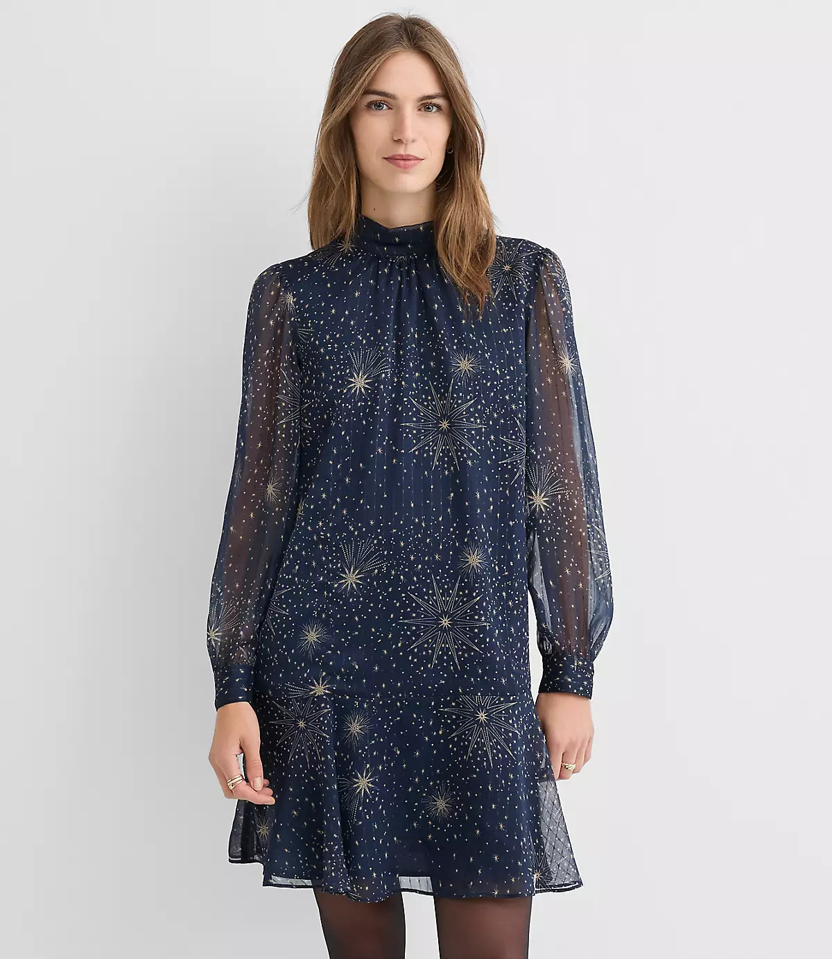 Shimmer Stripe Tie Neck Mini Flounce Dress | LOFT