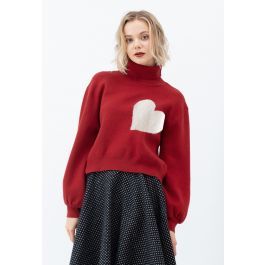 Embroidered Heart High Neck Knit Sweater in Red | Chicwish