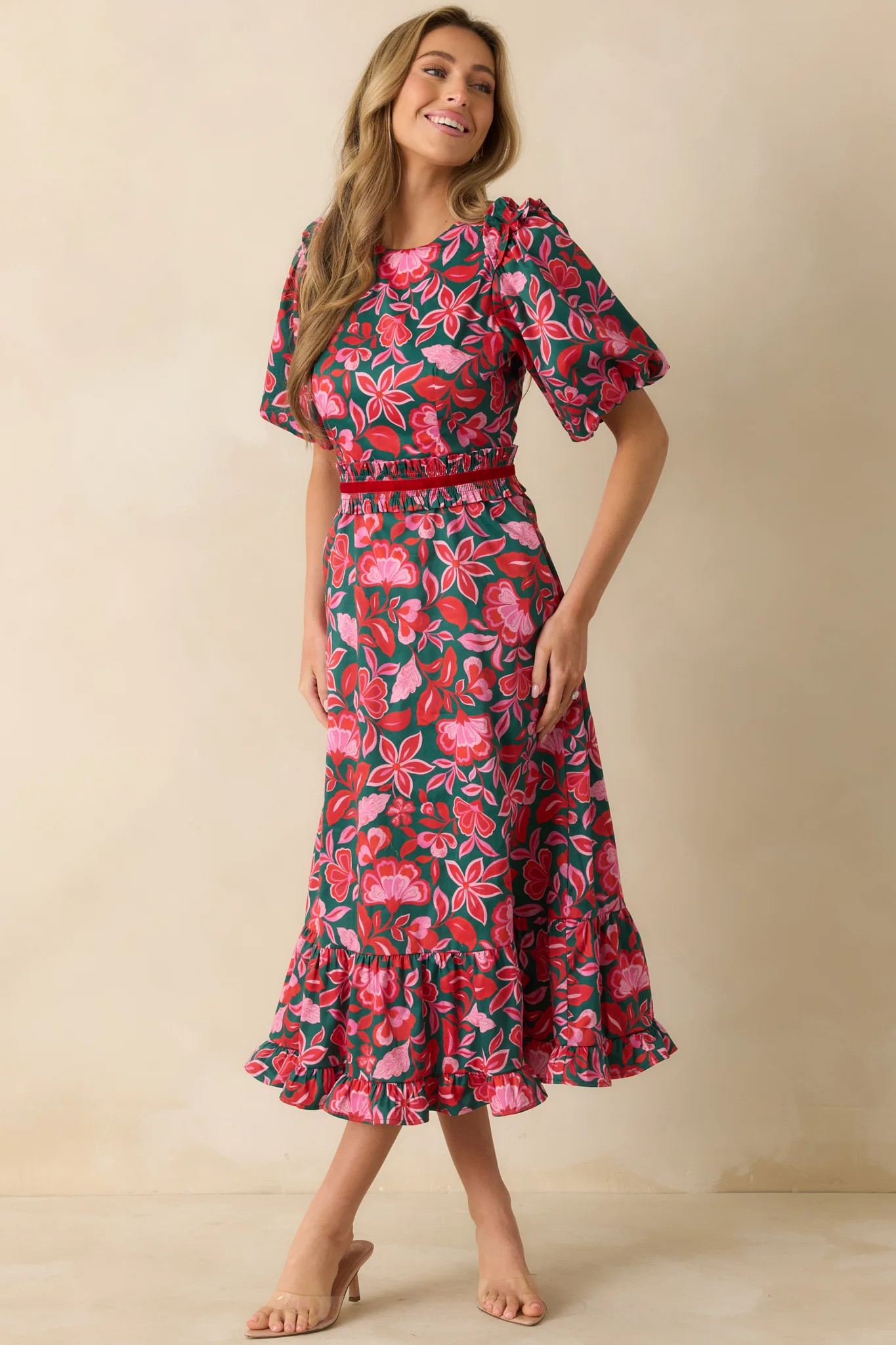 Prosperina Delphine Green & Pink Cotton Floral Print Maxi Dress | Red Dress
