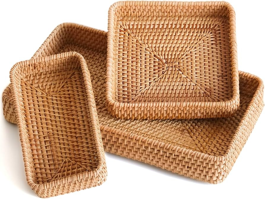 Rattan Serving Tray, Including 3 Sizes of Woven Wicker Rectangle Trays & Shallow Basket Trays. De... | Amazon (US)