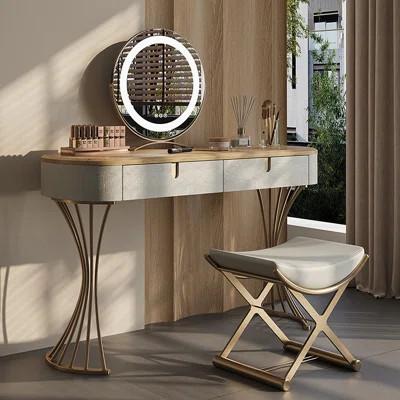 39.37" Natural Wood Color Luxurious Solid Wood Vanity With Chest Of Drawers & Stool & Mirror | Wayfair North America