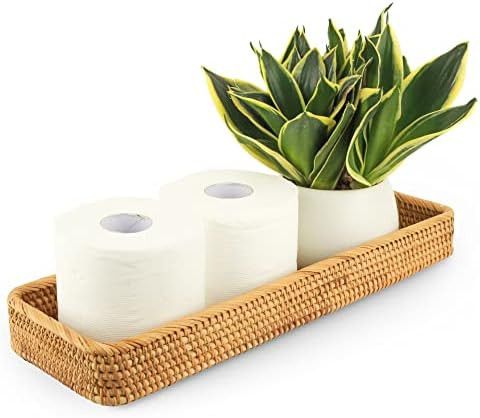 CELEZAR Rattan Toilet Tank Basket Woven Guest Towel Holder Decorative Wicker Tray 17" x 6" x 2" for  | Amazon (US)