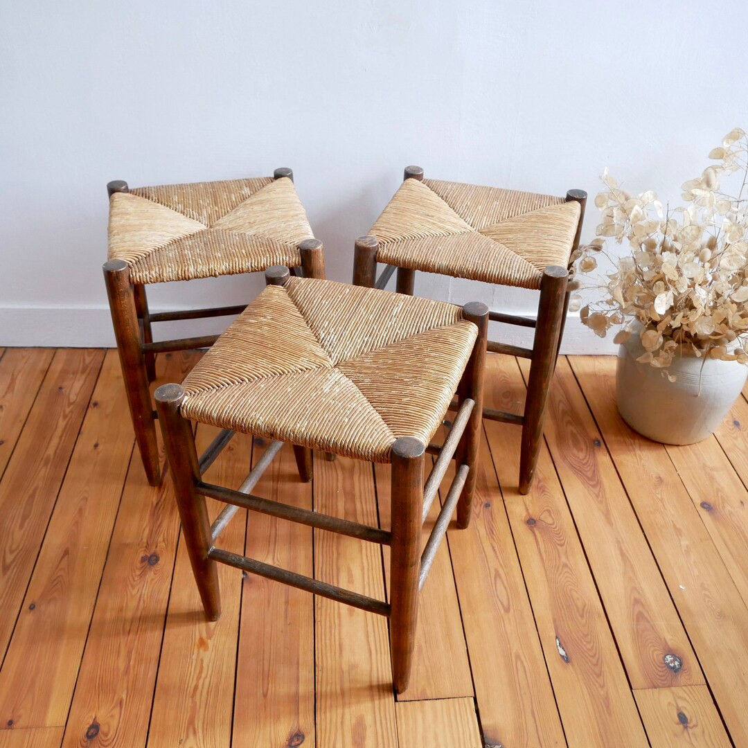Set of 3 neo-rustic stools in straw and wood- vintage furniture | Etsy (US)