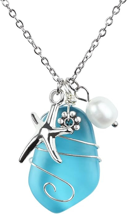 Sea Glass Necklace, Wire Wrapped Beach Necklaces, Sea Glass Jewelry, Handmade Blue Beach Jewelry ... | Amazon (US)