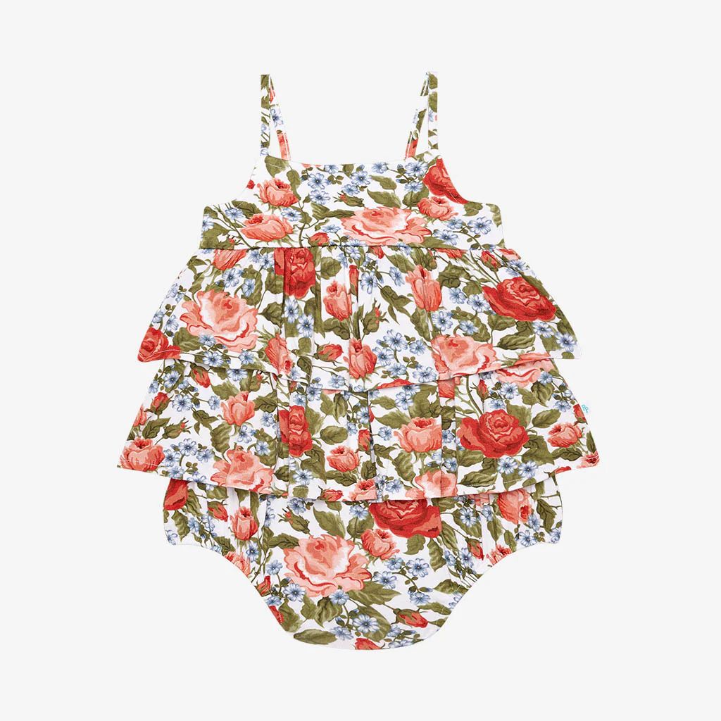 Floral White Sleeveless Girl Bubble Romper | Alma | Posh Peanut