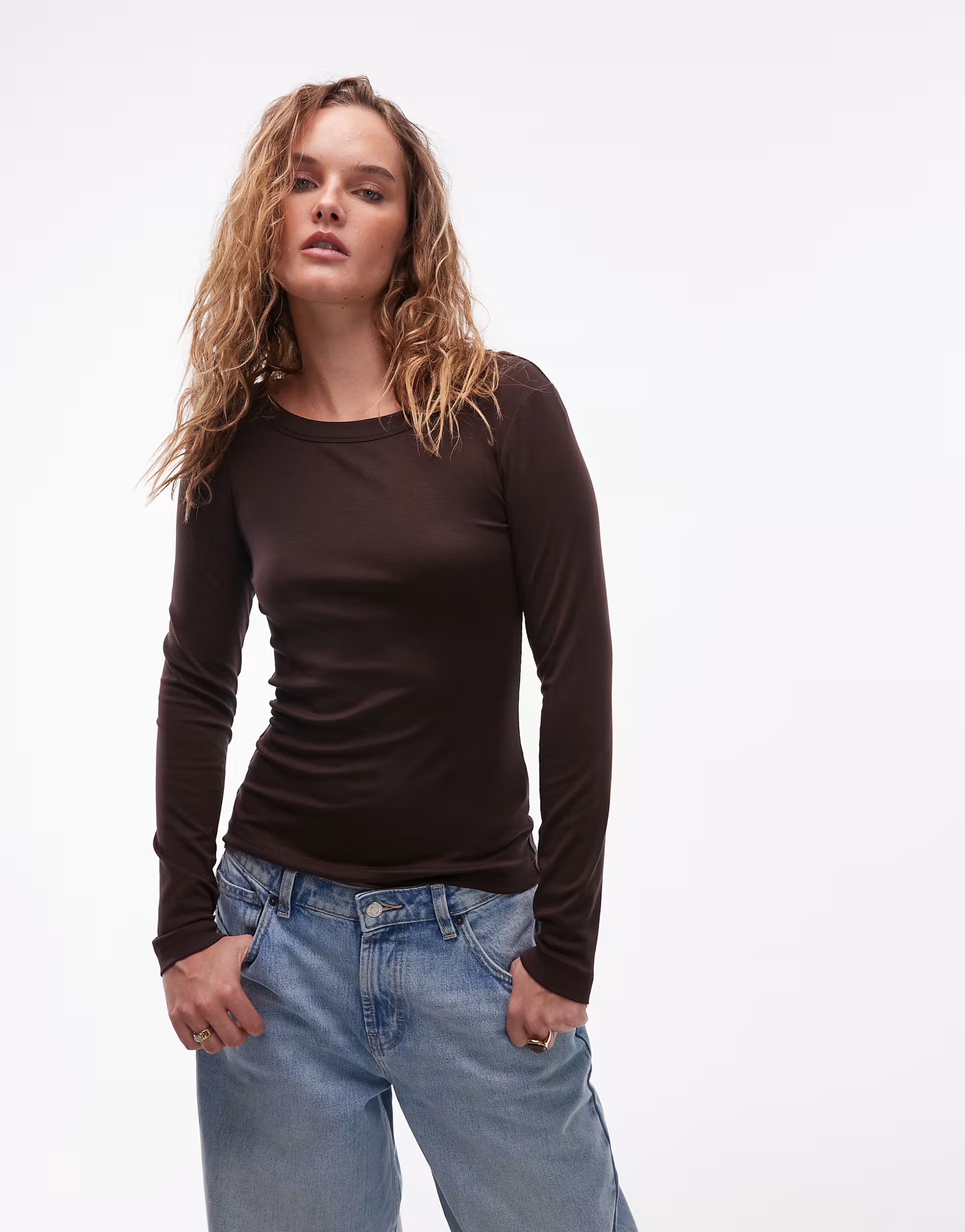 ARKET jersey rib long sleeve boat neck top in brown | ASOS (Global)