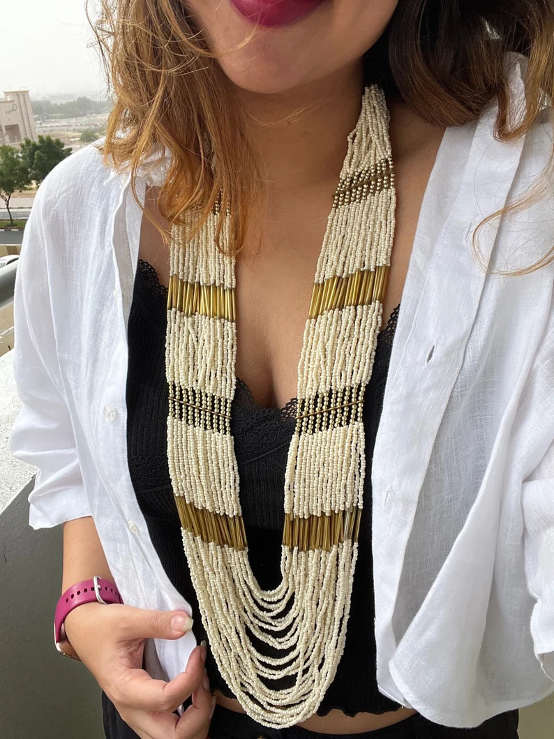 Long Beaded Pink or off White Multi Layer Statement Necklace, Boho Style Chunky Necklace for Wome... | Etsy (US)