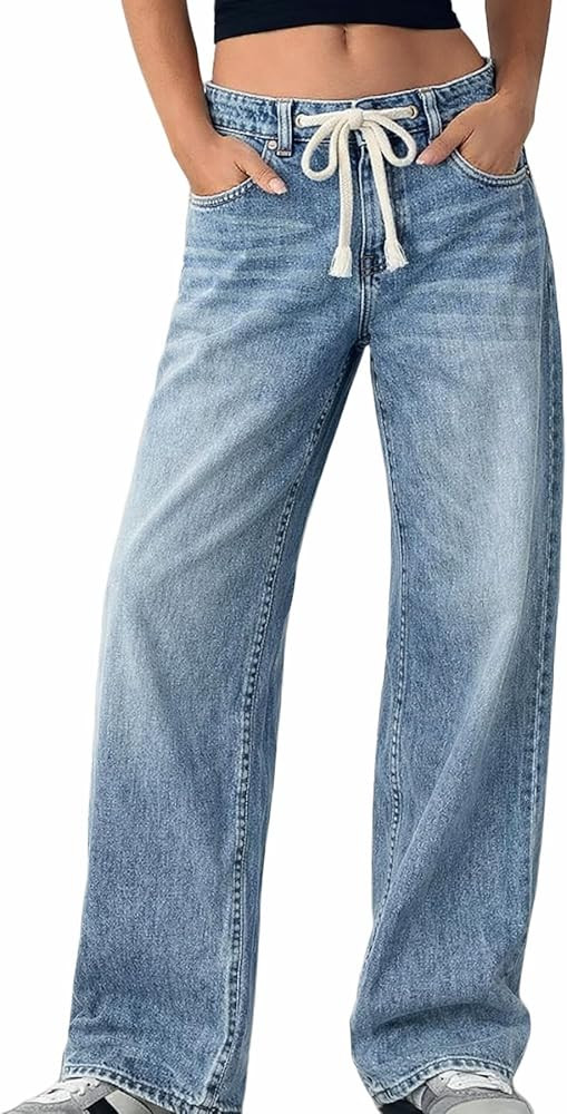 ELLEVEN Women’s Low Rise Baggy Jeans, Casual Drawstring Wide Leg Denim Pants with Pockets | Amazon (US)