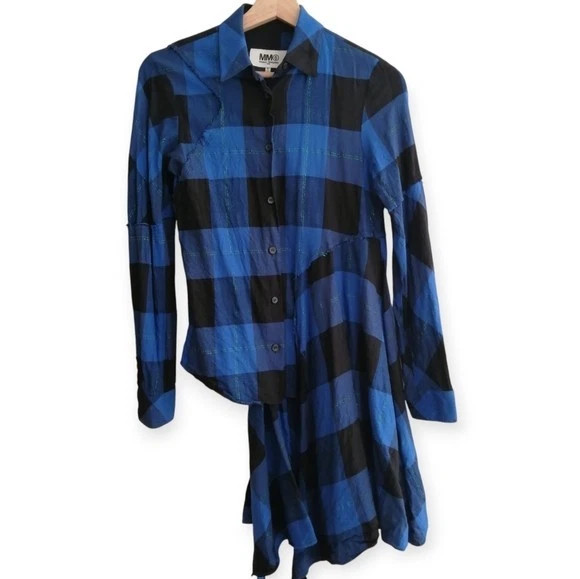 MM6 Maison Margiela Asymmetric Check Plaid Twill Button Up Blue Black 40 IT 4 US | eBay | eBay US