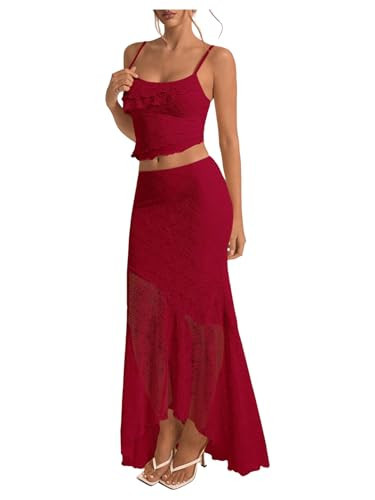 GORGLITTER Women's Two Piece Maxi Skirt Sets Summer Outfits Going Out Lace Asymmetrical Long Skirt and Crop Top Set Red Large | Amazon (US)