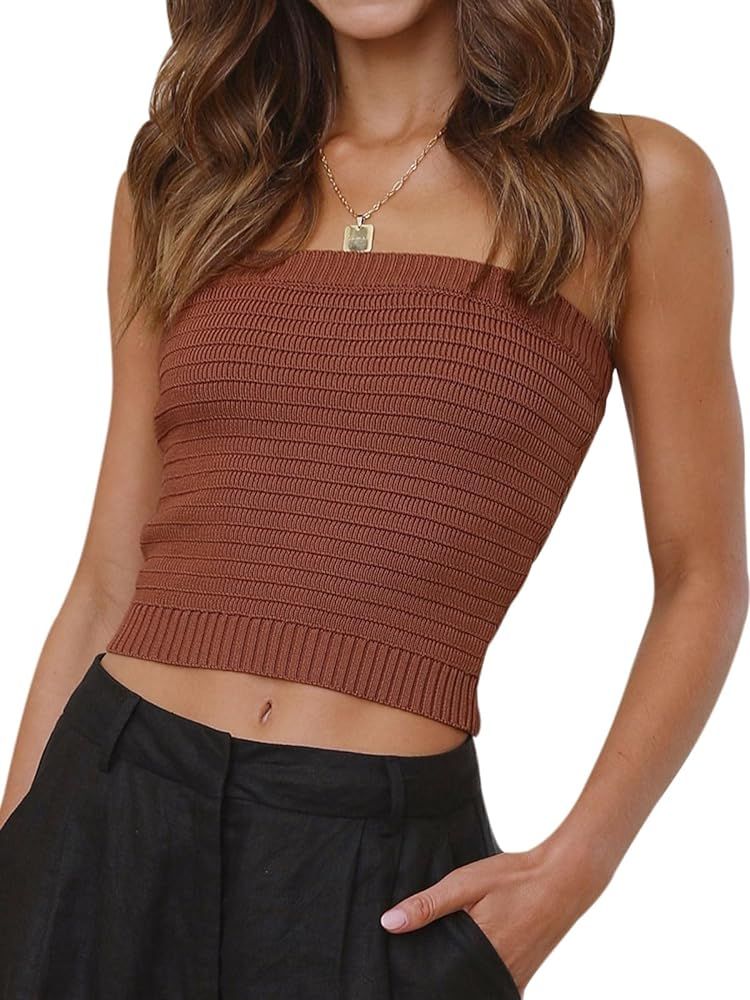 BZB Women Ribbed Crop Tube Tops Cute Tank Tops Strapless Bandeau Summer Tops | Amazon (US)