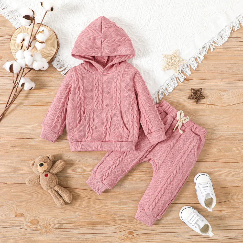 2pcs Baby Boy/Girl Solid Cable Knit Hooded Long-sleeve Set | PatPat