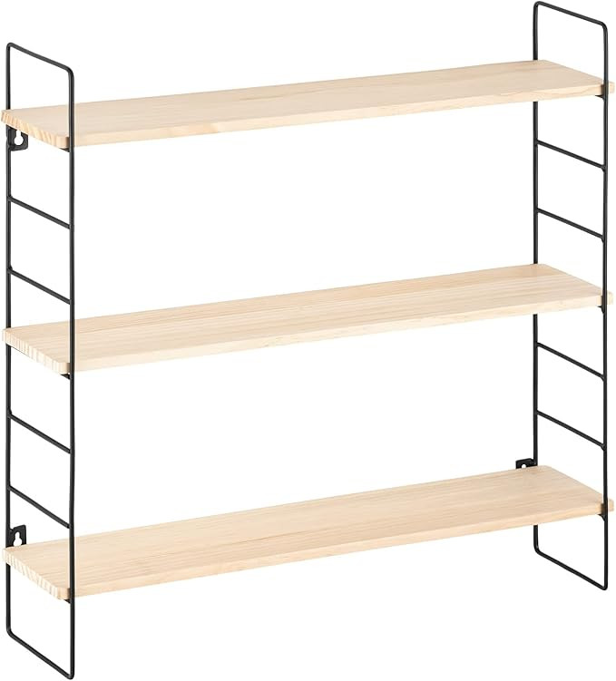 Navaris Wall Shelf Unit - Wall Mounted Hanging Pine Wood and Black Metal Shelves - 3-Shelf Shelvi... | Amazon (UK)