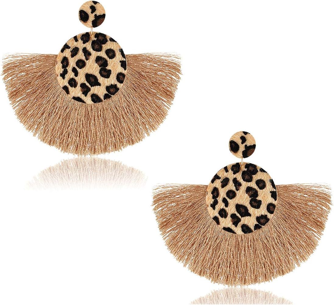 CEALXHENY Leopard Earrings Bohemia Cheetah Fan Tassel Earrings for Women Statement Animal Print F... | Amazon (US)